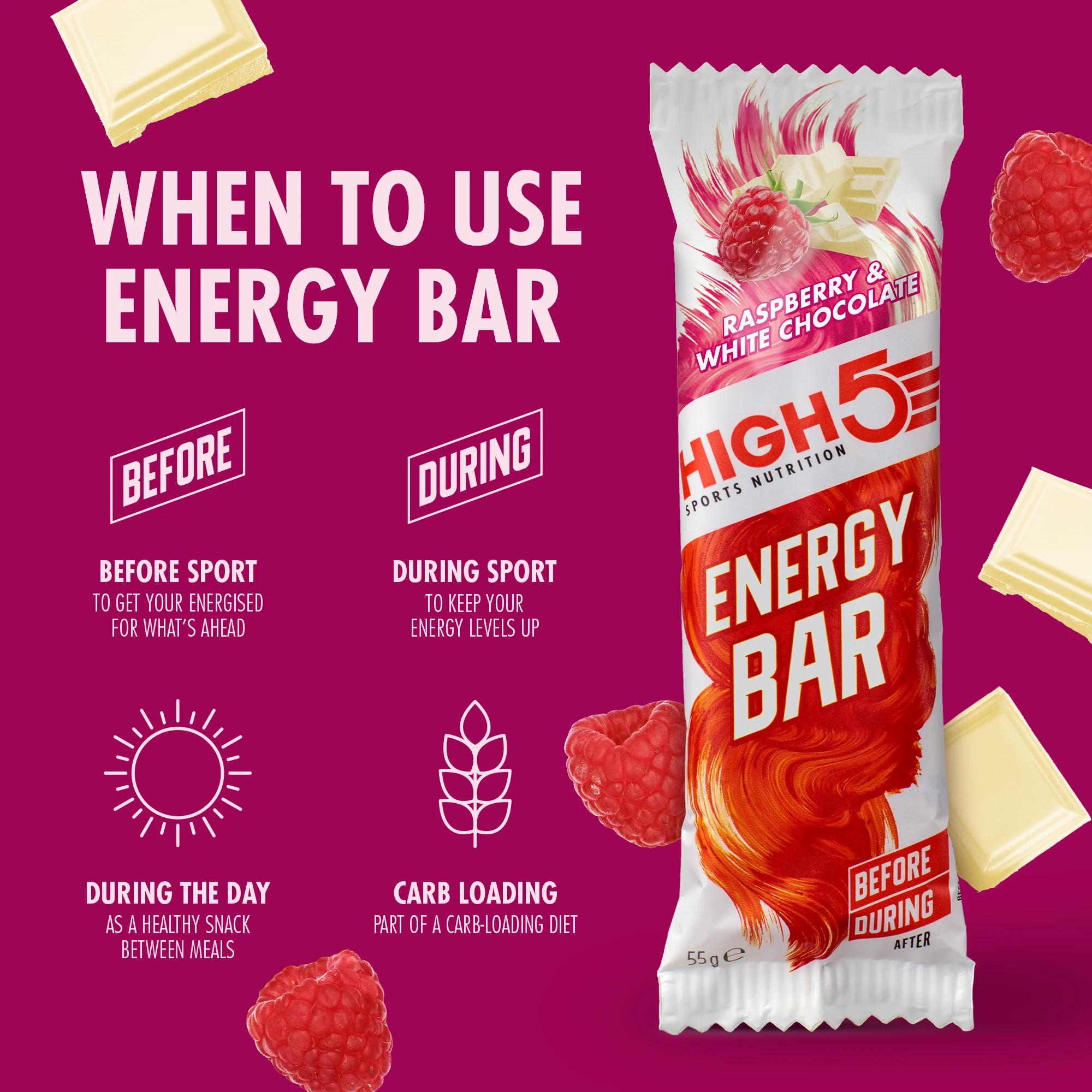 Barre Énergétique HIGH5 ENERGY BAR (55g) Framboise Chocolat Blanc - Image 3