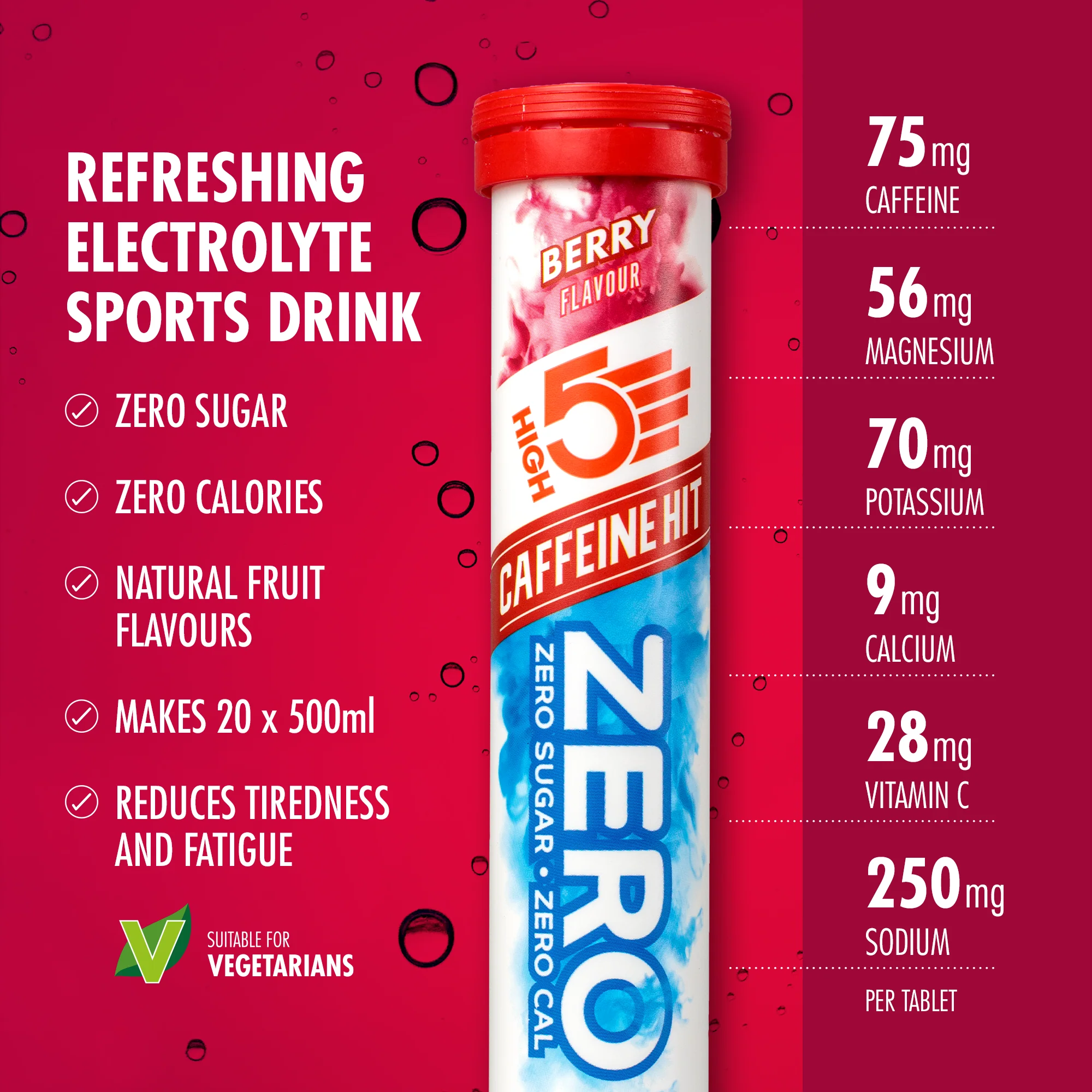 Pastilles d'Hydratation Electrolytes HIGH5 ZERO Caffeine (x20) Fruits Rouge - Image 2