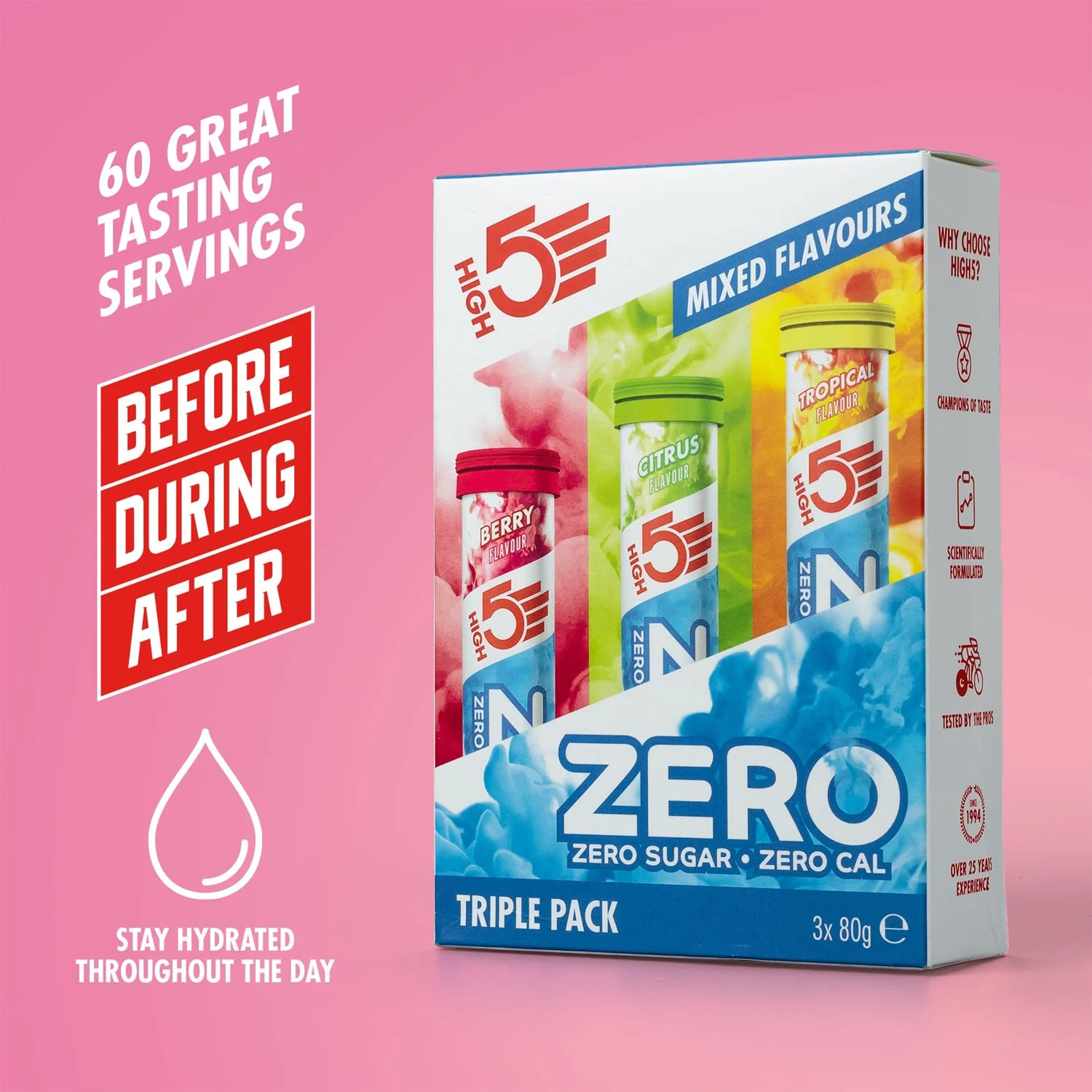 Pack 3x20 Pastilles HIGH5 ZERO Hydratation Electrolyte Fruits Rouge/Citron/Tropical - Image 2