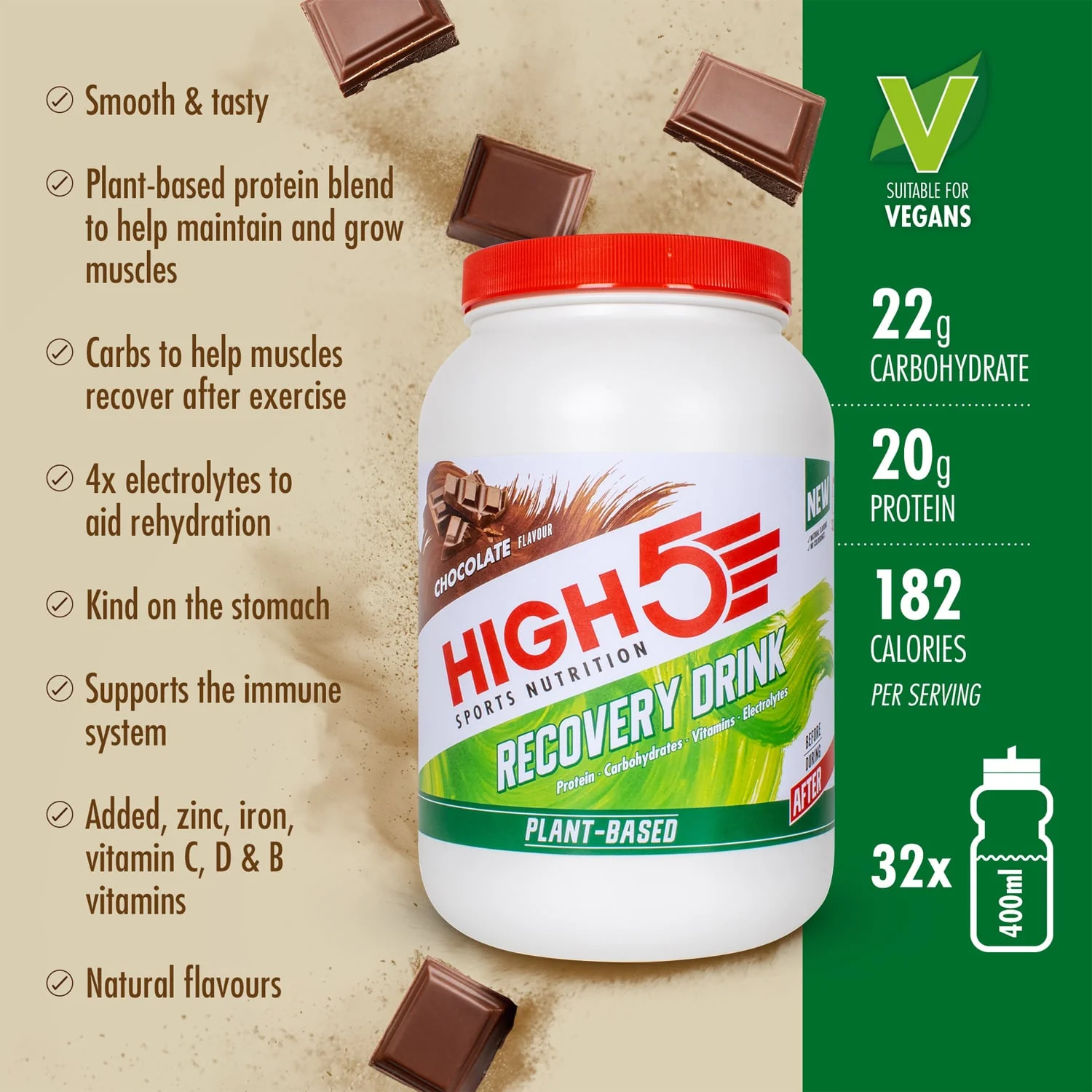 Boisson de Récupération HIGH5 PLANT-BASED RECOVERY DRINK (1.6kg) Chocolat - Image 2