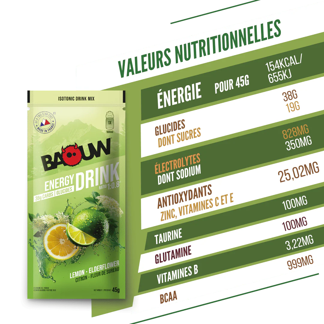 Boisson Énergétique BAOUW ISOTONIC (45g) Citron Vert/Fleur de sureau - Image 5