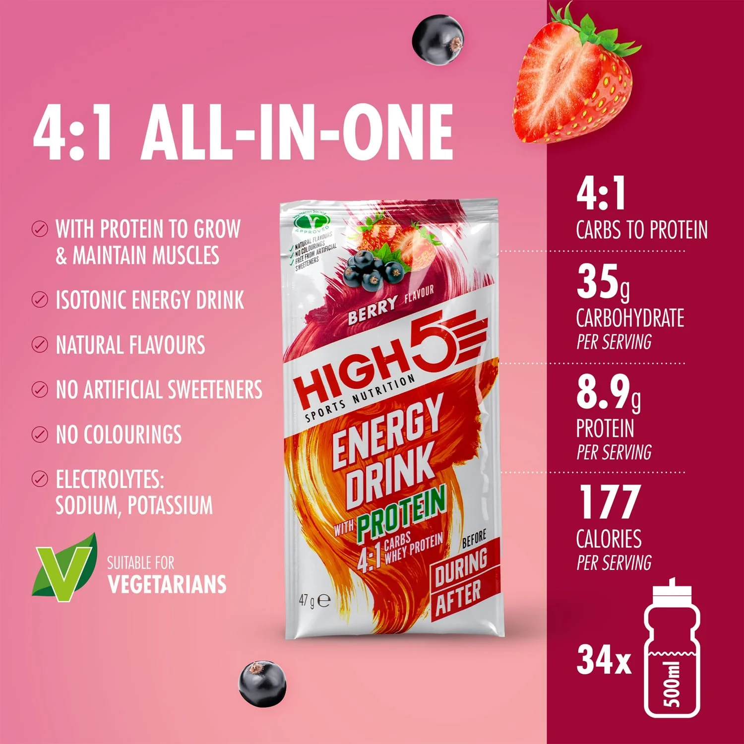 Boisson Énergétique HIGH5 ENERGY DRINK PROTEIN (47g) Fruits Rouge - Image 2