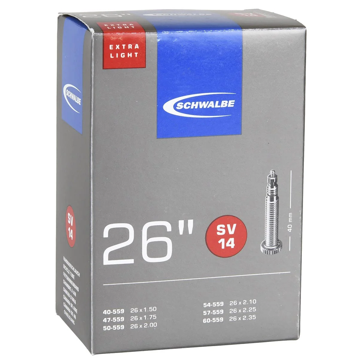 Chambre à Air SCHWALBE EXTRA LIGHT SV 14 26x1.50/2.35 Butyl Presta 40 mm