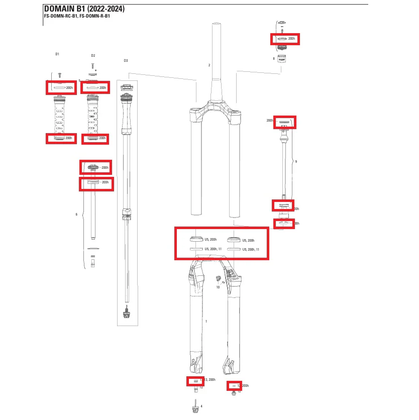Kit Entretien 200 h/an pour Fourche ROCKSHOX Domain R/RC B1 2022-2024